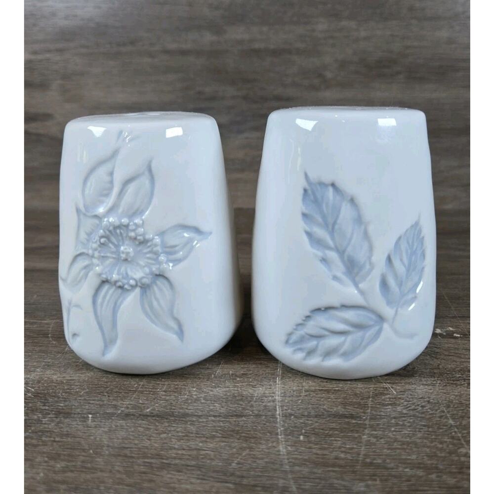 Grace Mitchell Jade Garden Salt and Pepper Whimsical White Blue Flower Leaves
